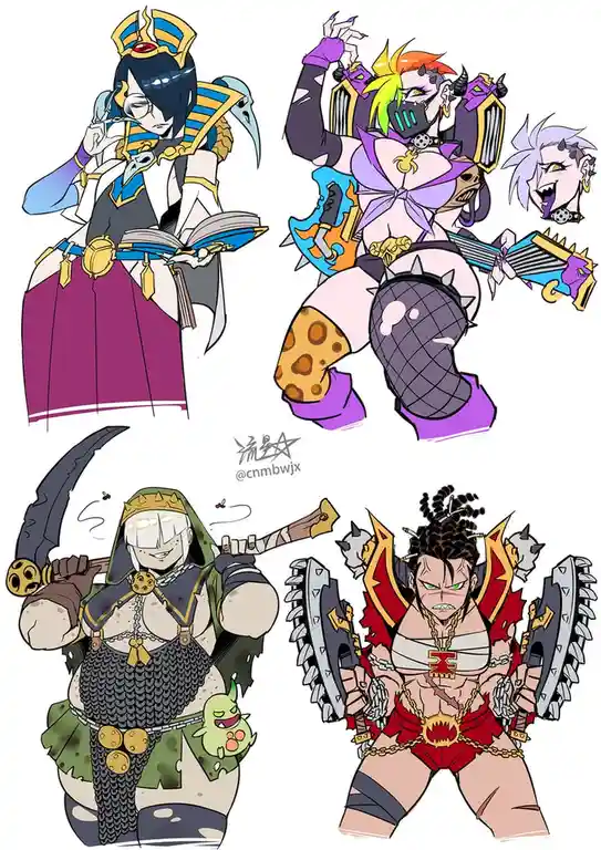 four stylized anime characters depicted as the Four Horsemen of the Apocalypse: a scholarly figure in Egyptian-inspired…