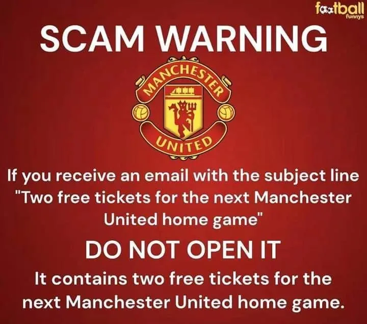 A red background features the Manchester United crest centered above text warning viewers not to open emails offering free…