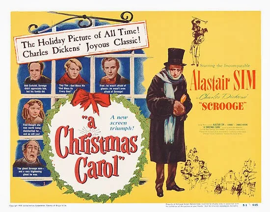 This is a vintage movie poster for the 1951 film 'A Christmas Carol,' starring Alastair Sim as Scrooge. The poster features…