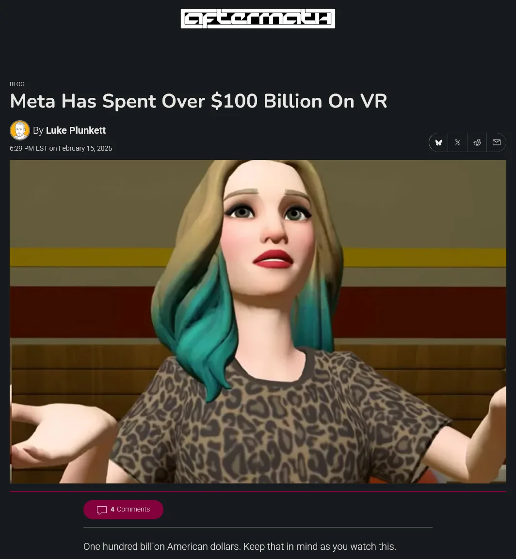 The image shows a screenshot of a blog post from 'Aftermath' with the headline 'Meta Has Spent Over $100 Billion On VR' by…