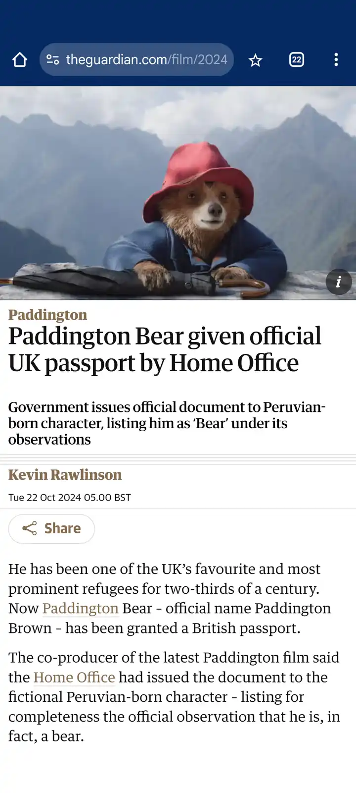 A screenshot of a Guardian article shows Paddington Bear, a cartoon bear in a red hat and blue coat, leaning on a closed…