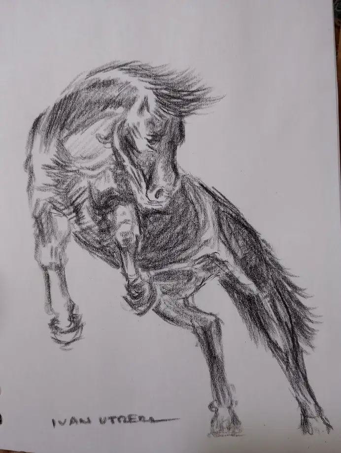 A pencil sketch of a horse in a dynamic, rearing pose with expressive shading, signed 'IVAN UTHERS' at the bottom. Overlaid…