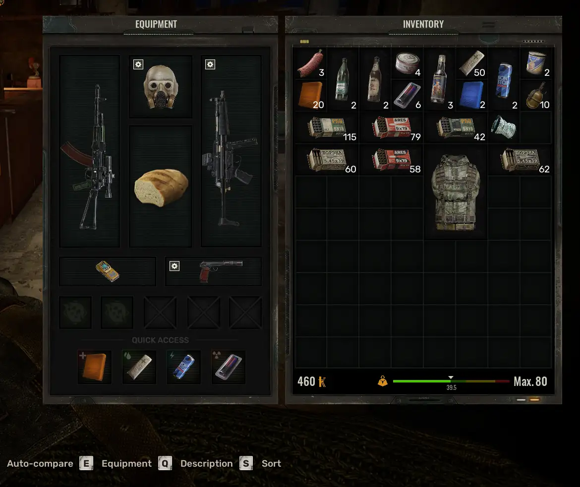 A video game inventory screen from a survival game, showing equipment like rifles, a gas mask, and a loaf of bread…