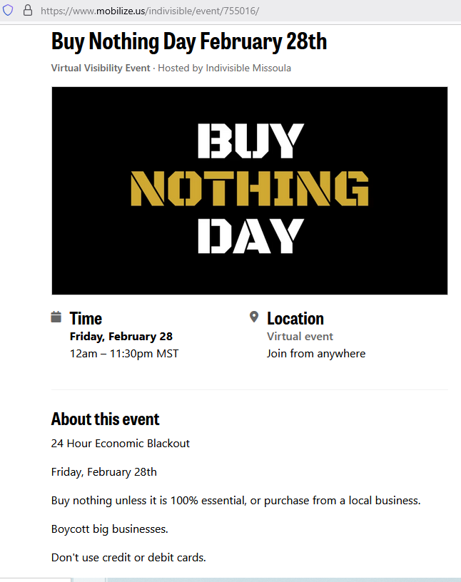 A screenshot of a webpage promoting 'Buy Nothing Day' on February 28th, featuring a large black banner with 'BUY NOTHING…