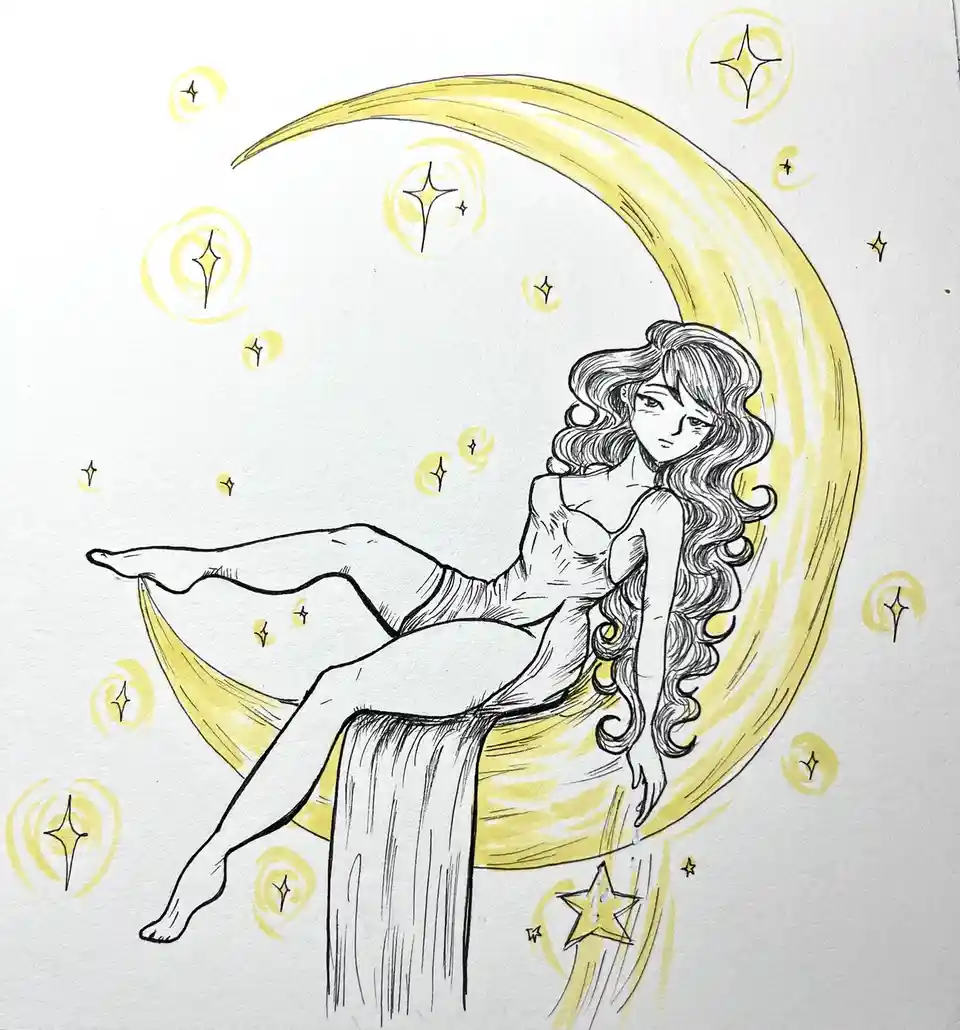 A hand-drawn illustration shows a woman with long, wavy hair sitting on a yellow crescent moon, surrounded by sparkling…