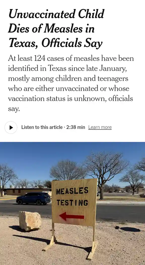 The image shows a news article headline about a measles death in Texas overlaid on a photo of a wooden sign that reads…
