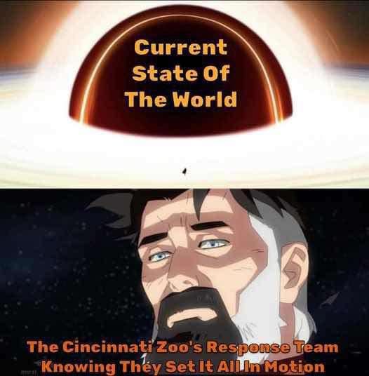 The image is split into two panels. The top panel shows a stylized black hole with the text 'Current State Of The World'…