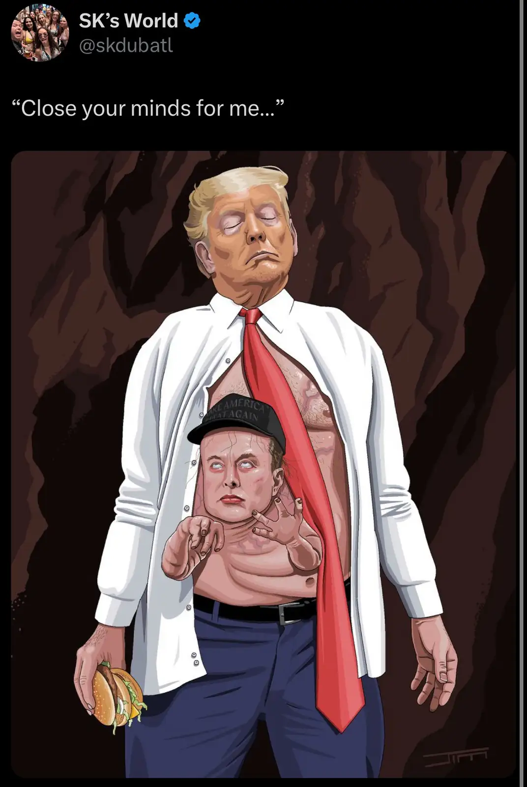 A cartoon depicts Donald Trump standing in a cave, eyes closed, holding a hamburger, with his shirt open to reveal Elon…