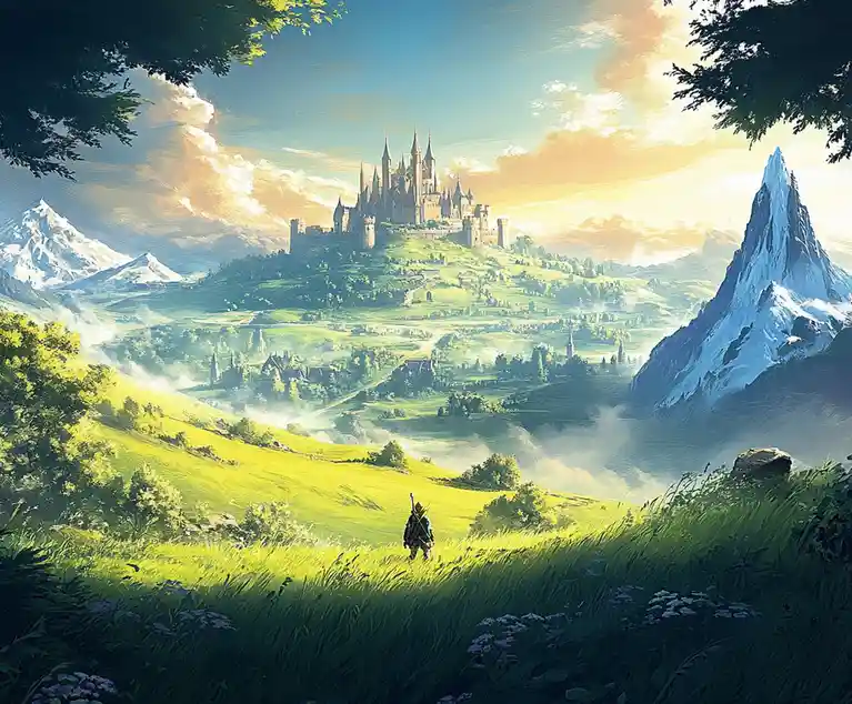 A lone adventurer in fantasy armor walks across a sunlit grassy hill toward a distant, majestic castle perched on a mountain…