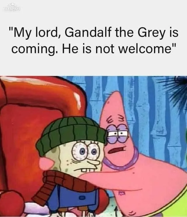 SpongeBob SquarePants, wearing a green beanie and brown scarf, looks terrified while being hugged by Patrick Star, who has a…