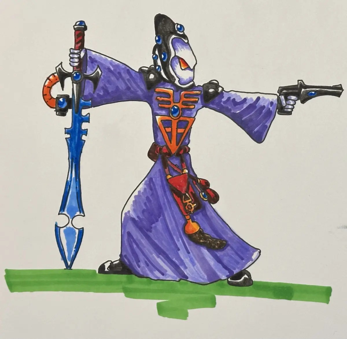 A hand-drawn illustration shows a character in a purple robe and ornate armor holding a large blue sword in one hand and a…