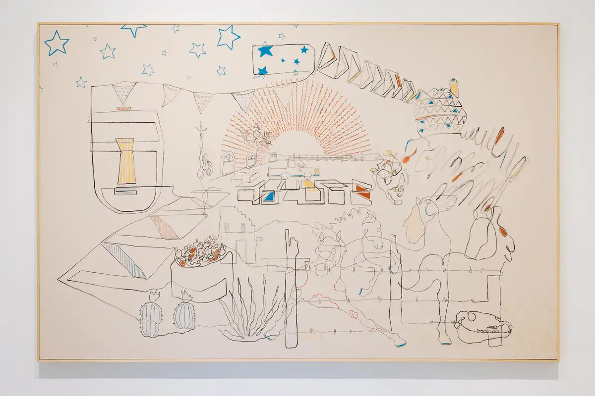 A framed, stylized line drawing on beige paper depicts a surreal, collage-like scene with blue stars in the sky, a large…