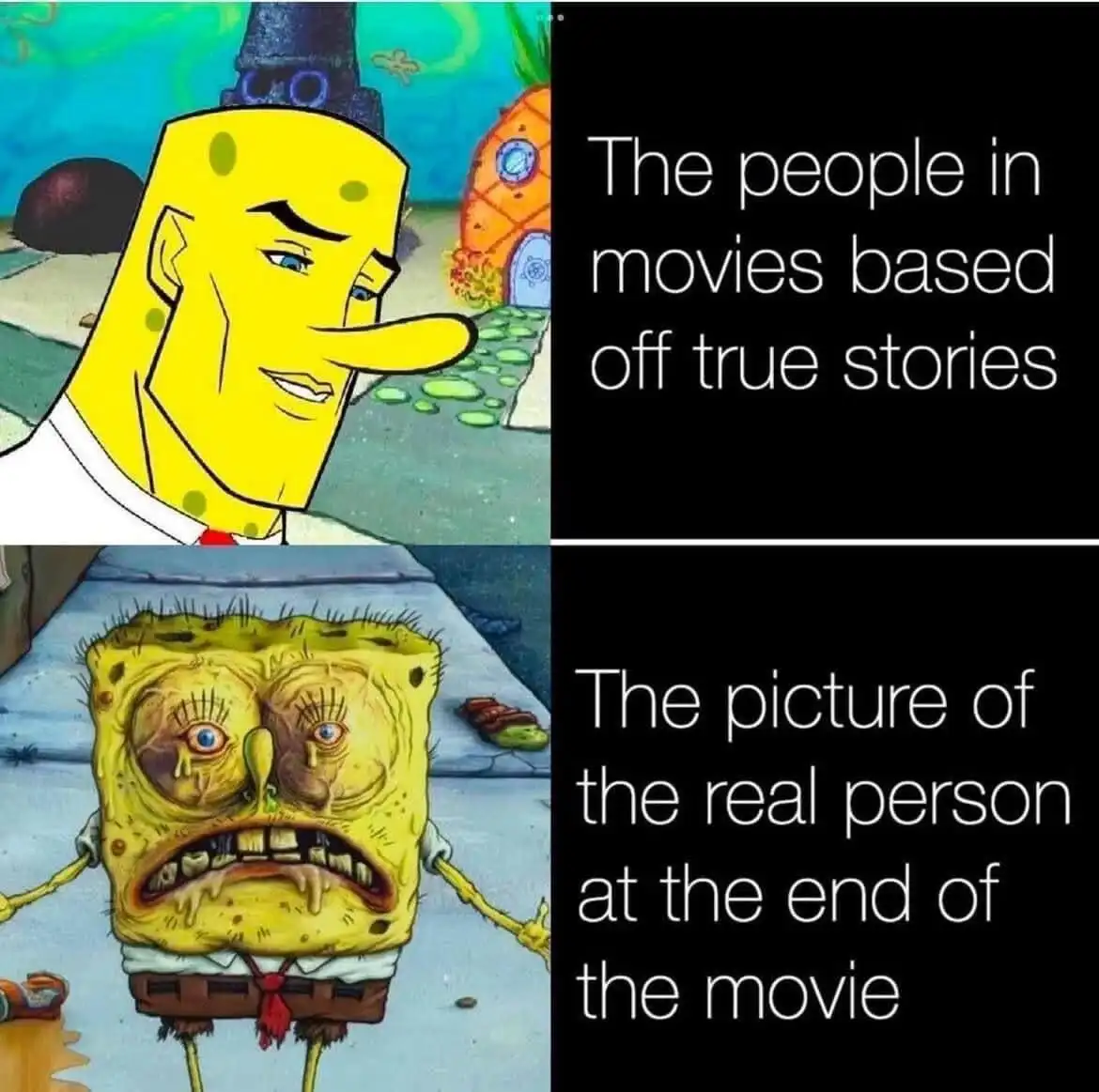 The image is a two-panel meme featuring the animated character SpongeBob SquarePants. The top panel shows a clean…