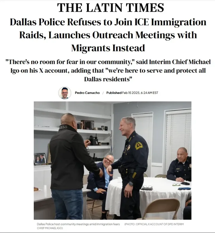 A screenshot of a news article from 'The Latin Times' with a photo of Dallas police officers interacting with community…
