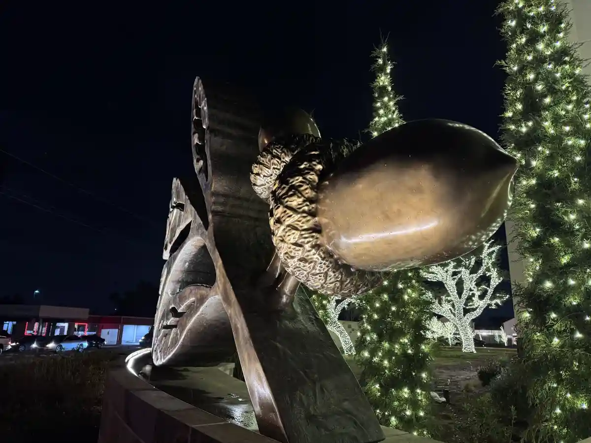 A large bronze sculpture of an acorn with a textured cap and smooth nut is shown at night, illuminated against a dark sky…