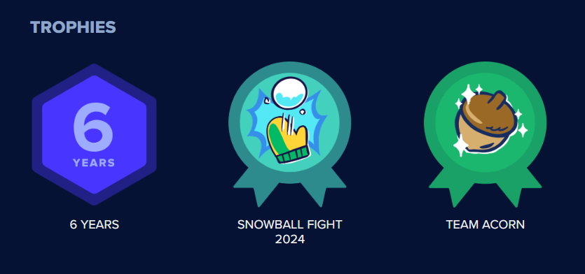A dark blue screen displays three digital trophies: a purple hexagon showing '6 YEARS', a teal circular badge with a…