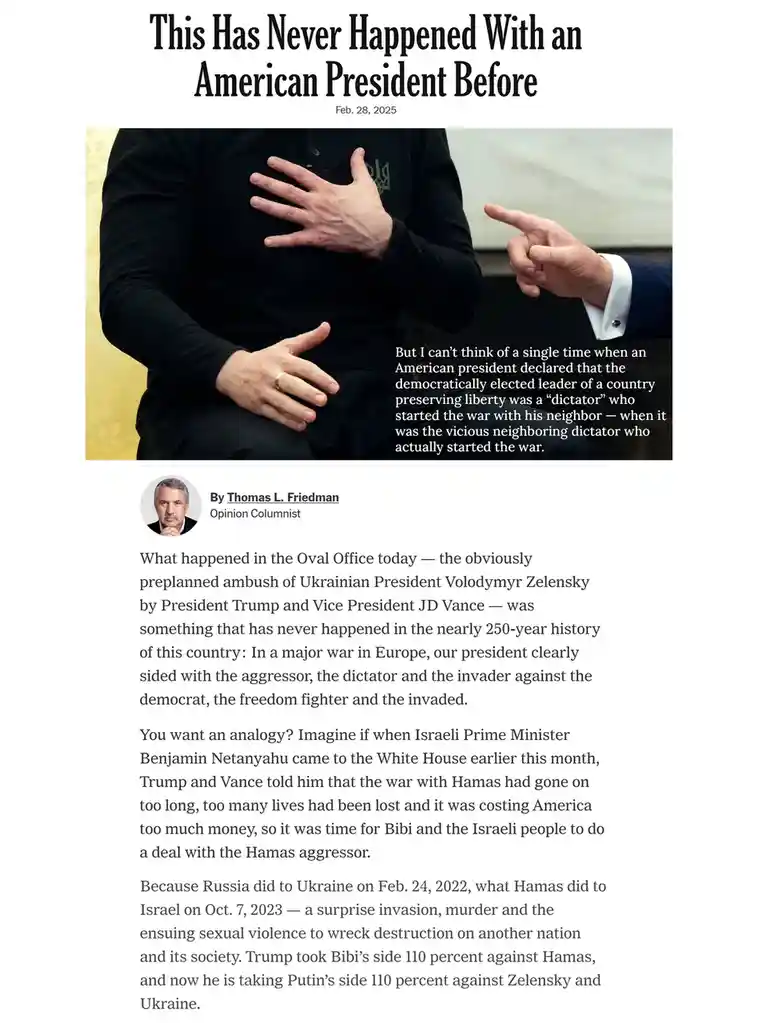The image shows a satirical newspaper article with a headline 'This Has Never Happened With an American President Before'…