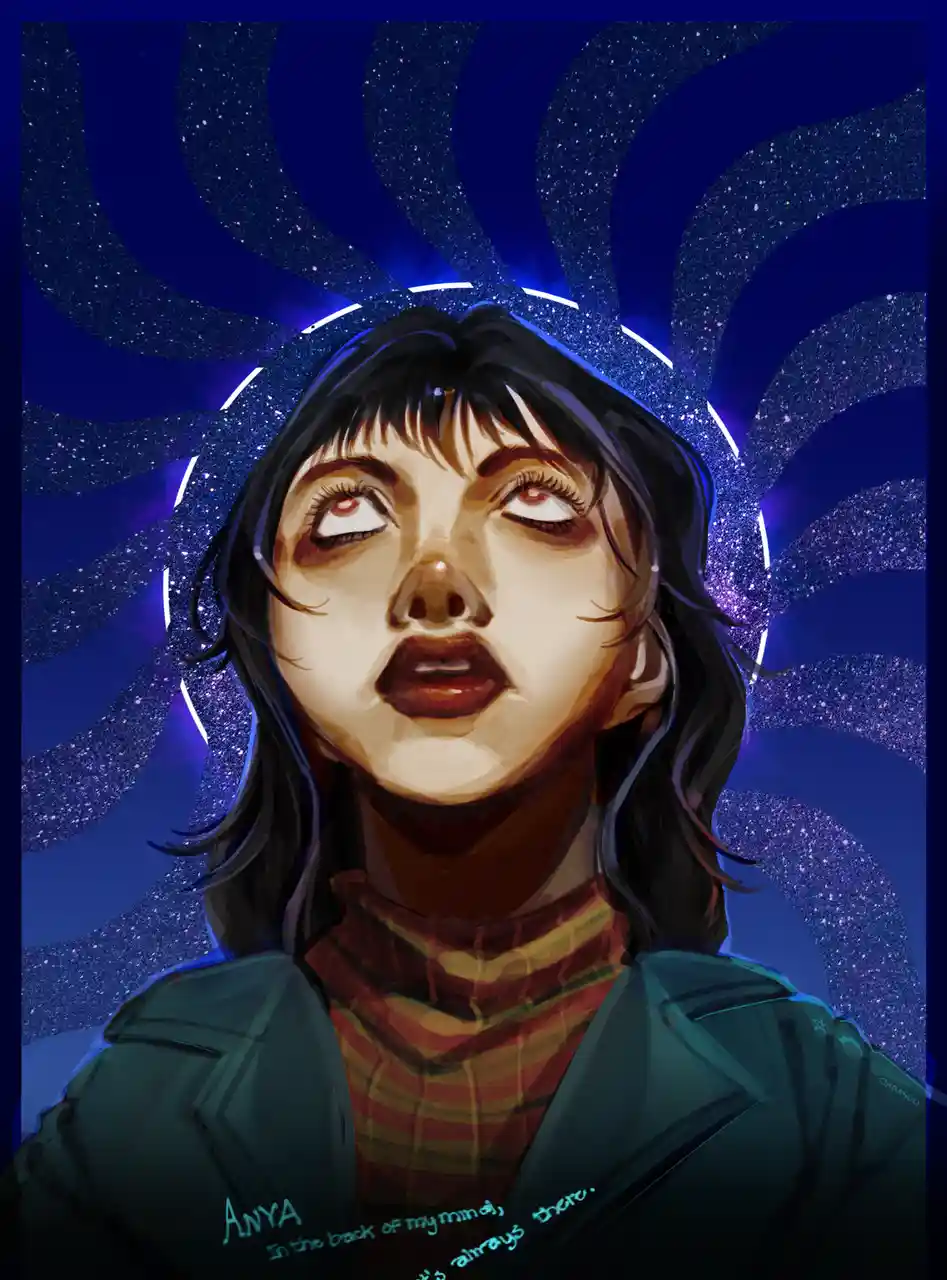 A digital illustration of a young woman with dark hair and a surprised expression, wearing a striped shirt under a dark…