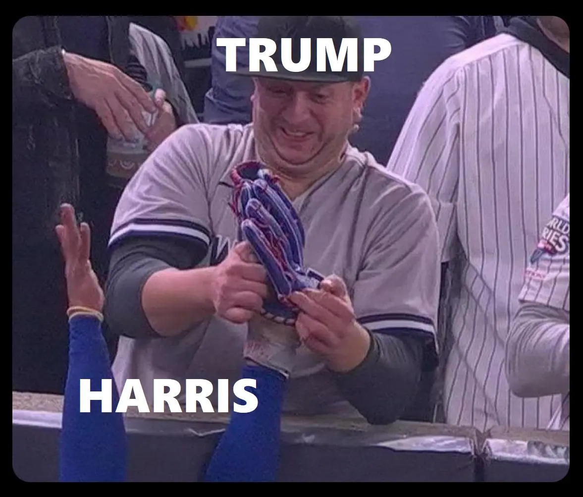 A man in a baseball uniform, labeled 'TRUMP', is shown smiling while holding a baseball glove and extending it toward a…