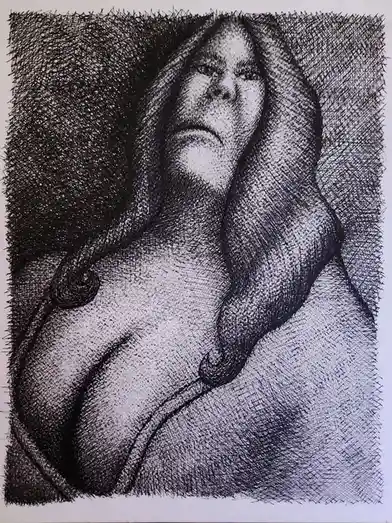 A black-and-white pen drawing depicts a woman with long hair looking upward, her face and upper body rendered with dense…