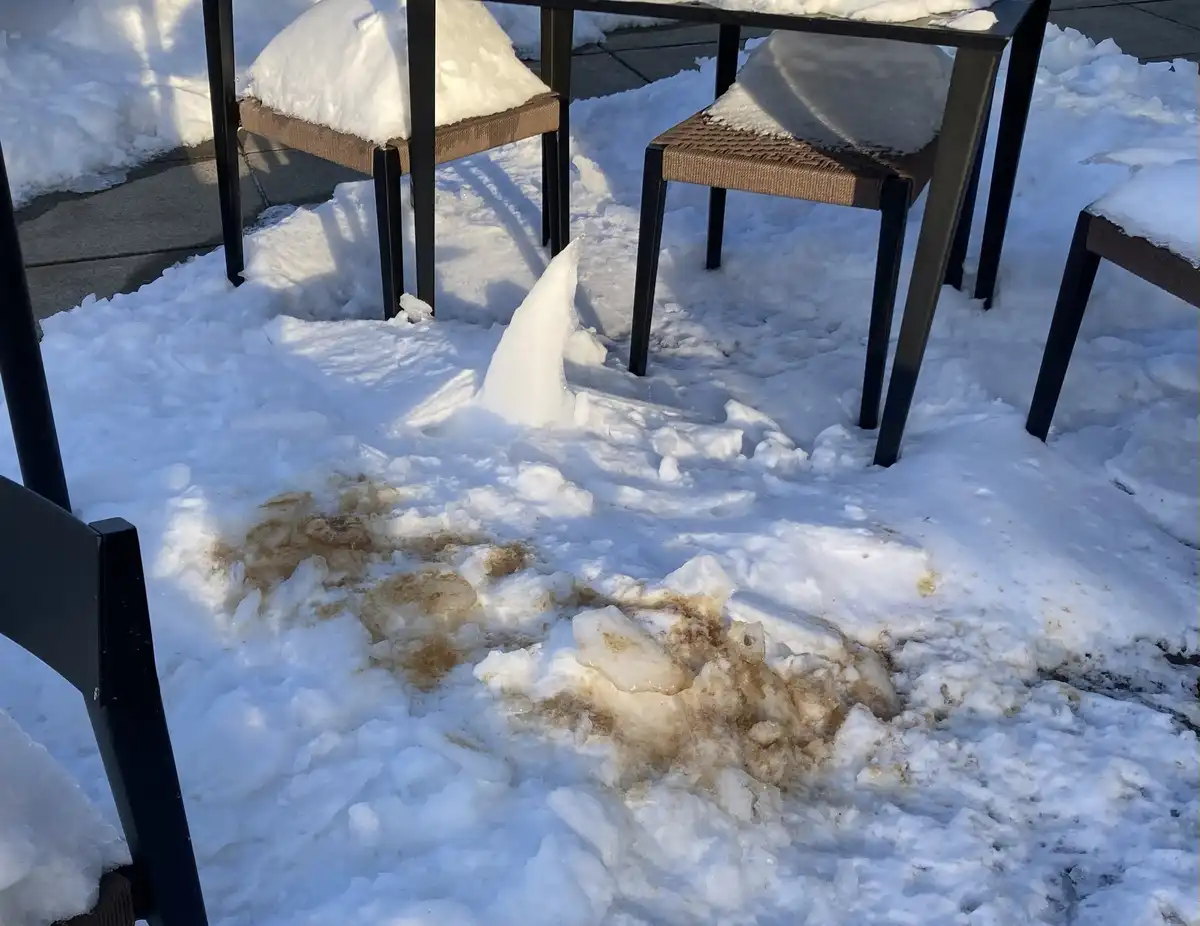 An outdoor patio scene covered in snow, featuring chairs with snow piled on them and a large, pointed ice formation in the…