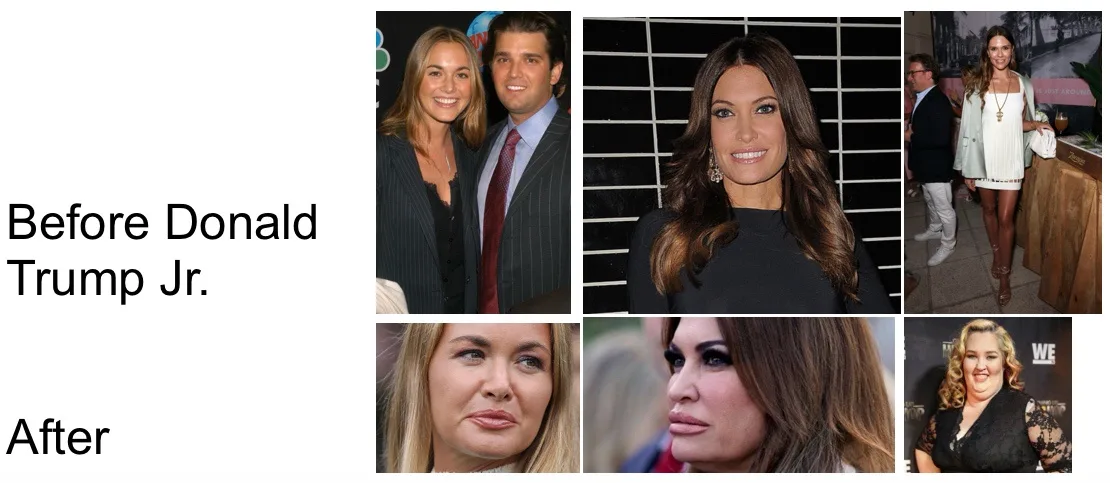 The image displays two labeled sections: 'Before Donald Trump Jr.' above three photos of women, and 'After' below three…