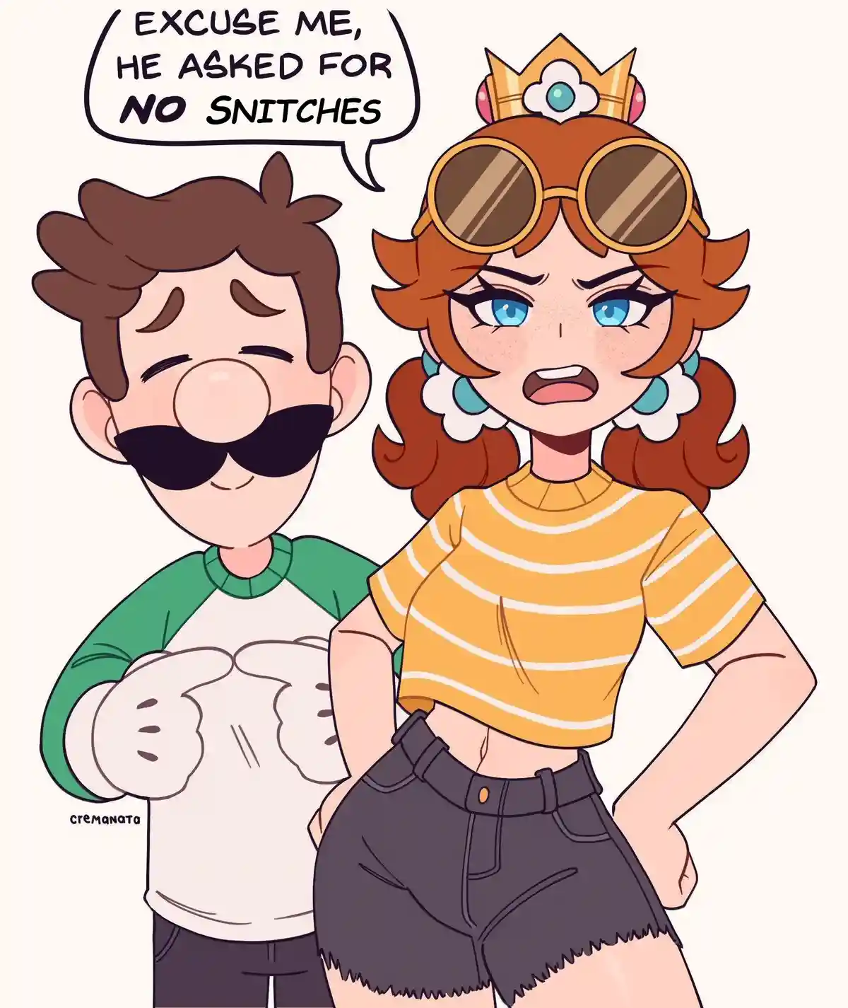 A cartoon image shows Mario with a mustache and sunglasses, smiling while holding his hands together, next to a furious…