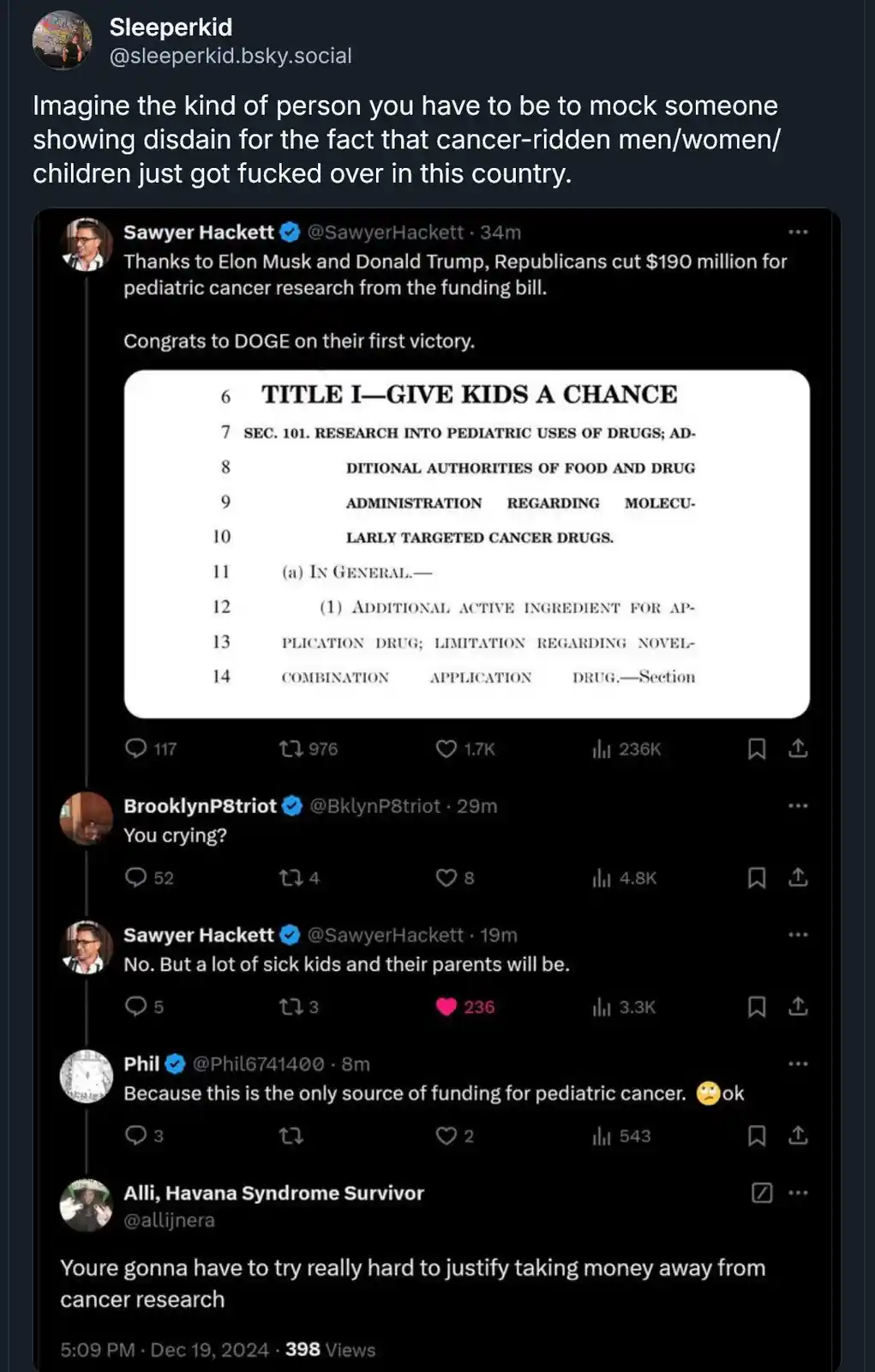 A screenshot of a Twitter thread shows a tweet by Sawyer Hackett stating Republicans cut $190 million for pediatric cancer…