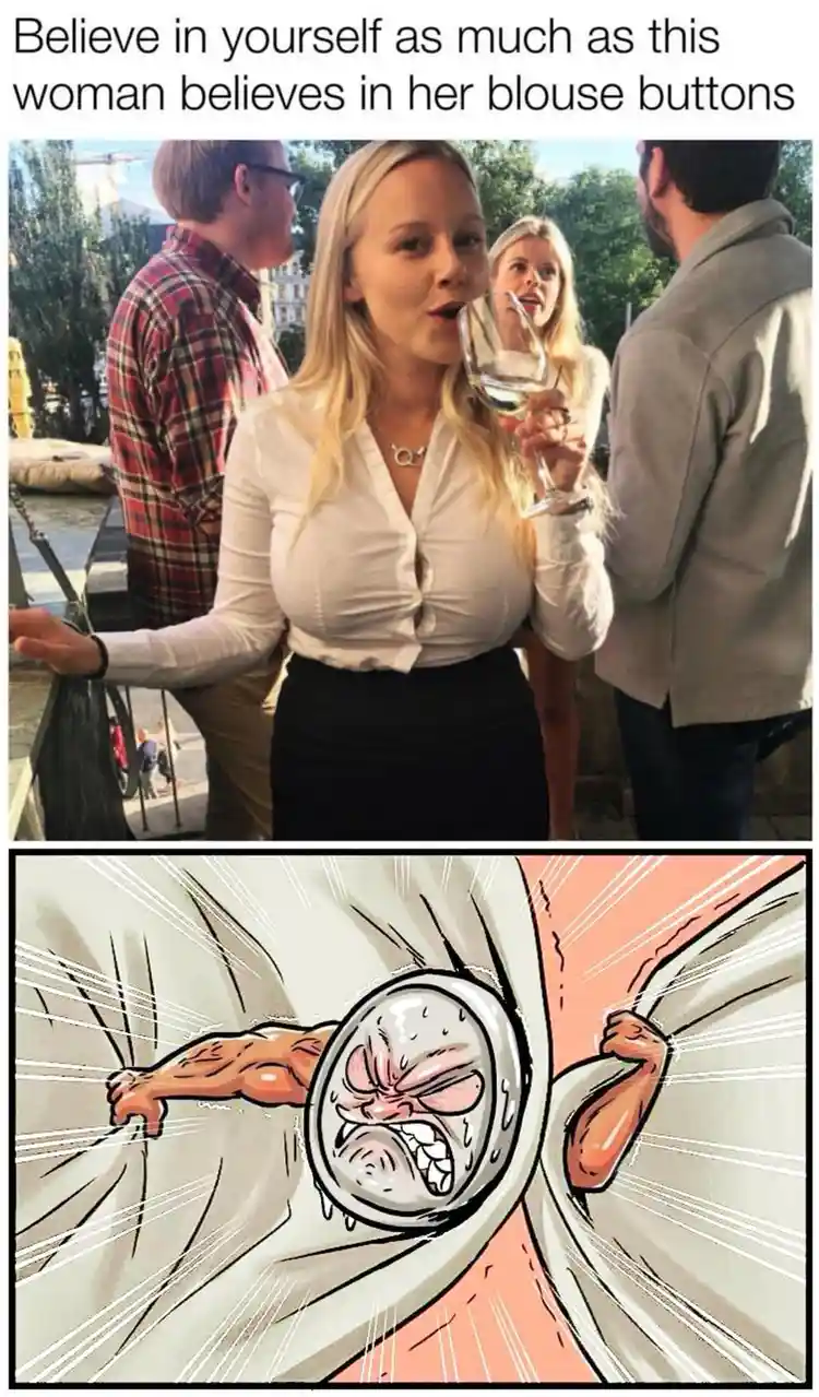 The top panel shows a woman in a white blouse drinking wine at an outdoor social gathering, her blouse buttons visibly…