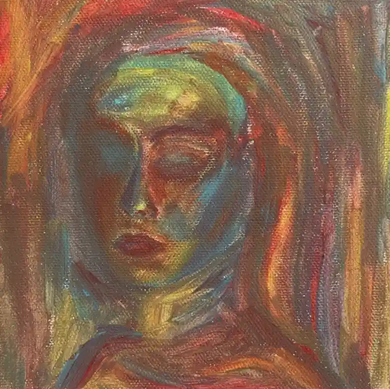 A textured, abstract painting of a person's face with swirling, blended colors of red, orange, green, and blue, conveying…