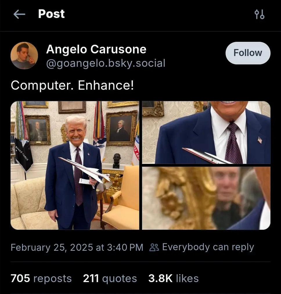A social media post by Angelo Carusone shows a photo of Donald Trump holding a small model airplane. The image is split into…