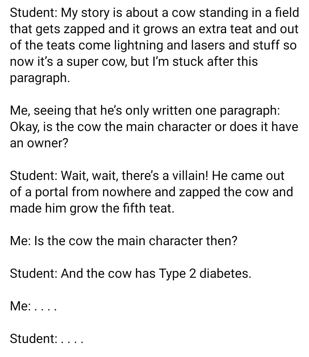 The image is a plain white background with black text formatted as a dialogue between a student and an observer. The student…
