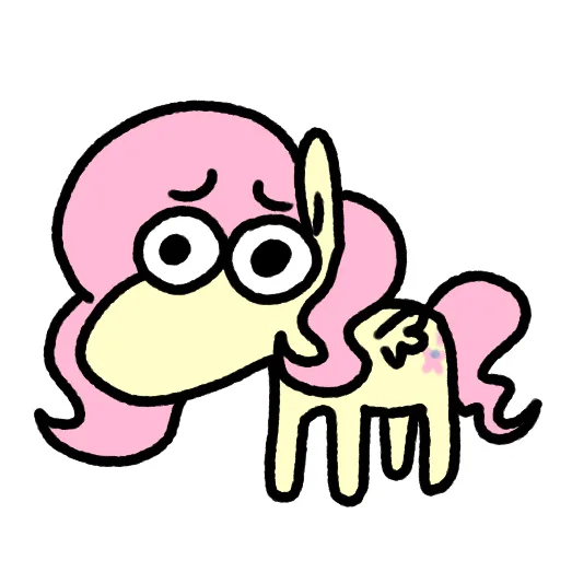 A cartoon pony with pink hair and a sad, pleading expression is shown against a black background. The pony has a small pink…