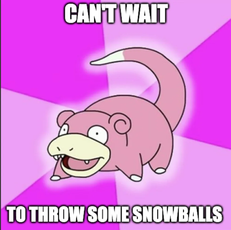 A pink, cartoonish Pokémon named Slowpoke is shown with a wide, eager grin against a bright pink, starburst background. The…