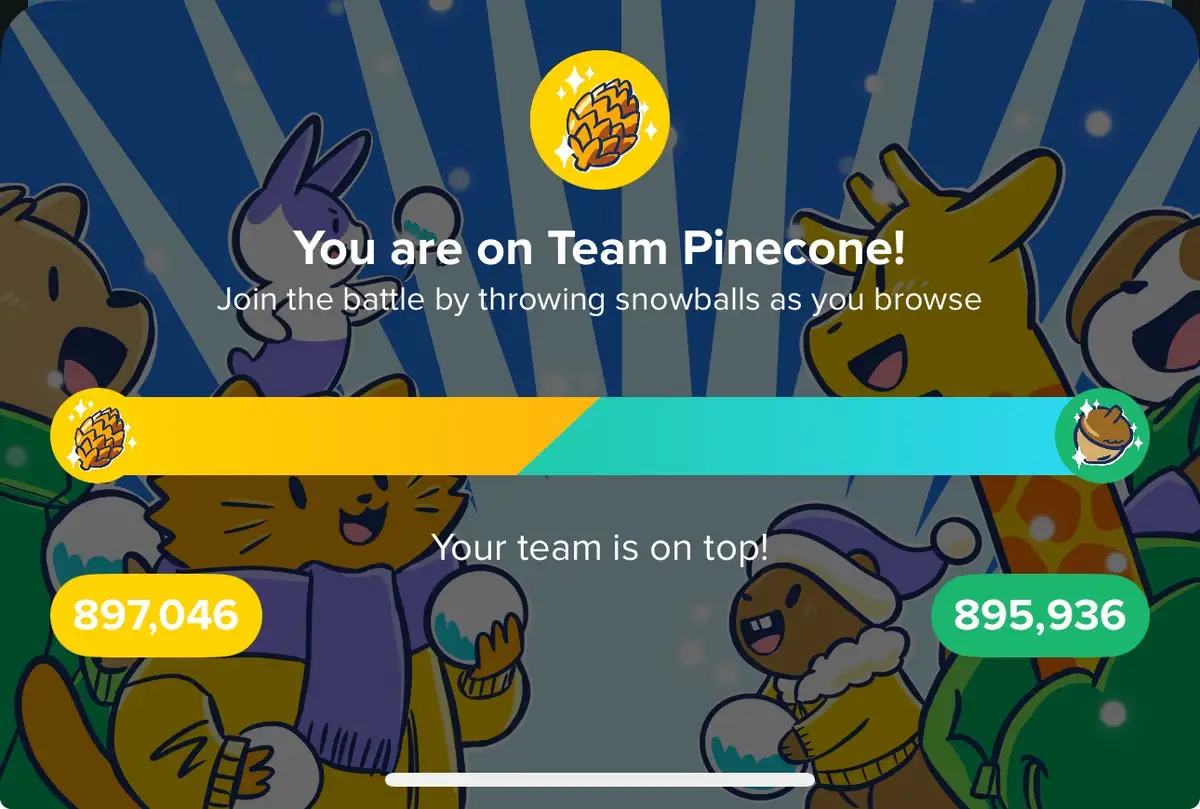 A screenshot from a mobile game interface showing a snowy battle between two cartoon animal teams. The top team, 'Team…