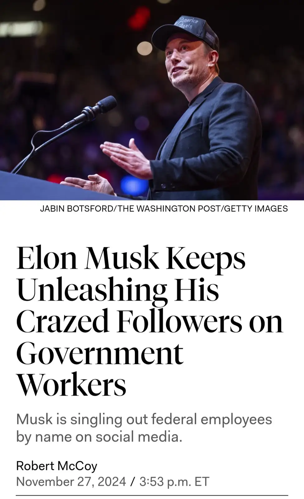 A photo of Elon Musk speaking at a podium wearing a black 'America Again' cap, overlaid with a mock newspaper headline that…