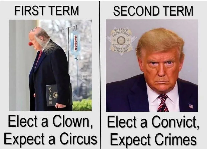 The image is split into two panels. Left: Donald Trump with a red clown nose, holding a 'TO SERVE MAN' book, next to a…