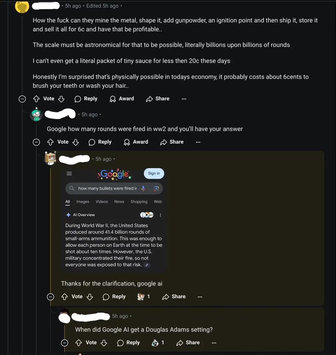 A screenshot of a Reddit thread where a user questions the profitability of bullets costing 6 cents. Another user replies to…