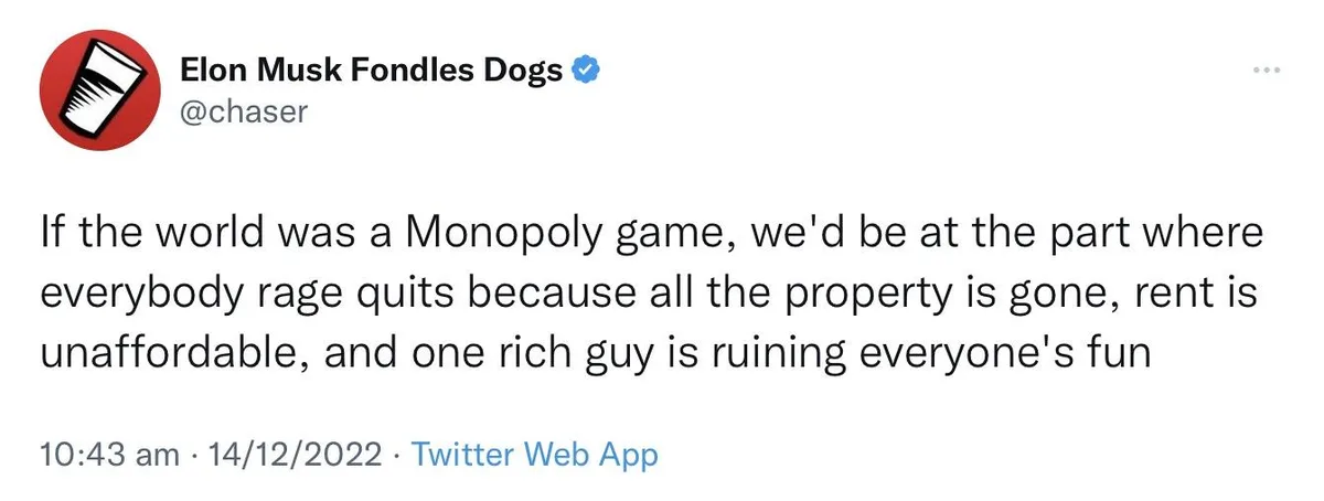 A screenshot of a Twitter post by the account 'Elon Musk Fondles Dogs' (@chaser) from December 14, 2022, featuring a tweet…