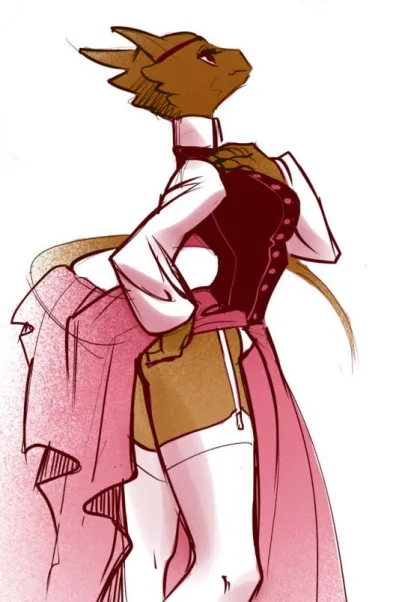 An anthropomorphic cat character with brown fur and pointed ears stands in profile, wearing a white shirt, dark corset, and…