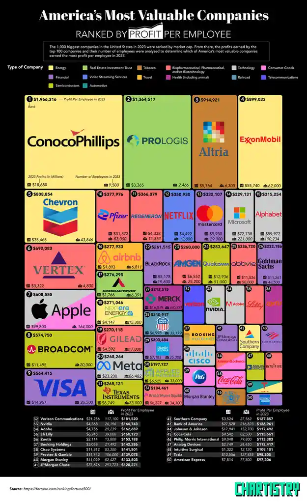A colorful infographic ranks America's top companies by profit per employee, showing logos like ConocoPhillips, Netflix…