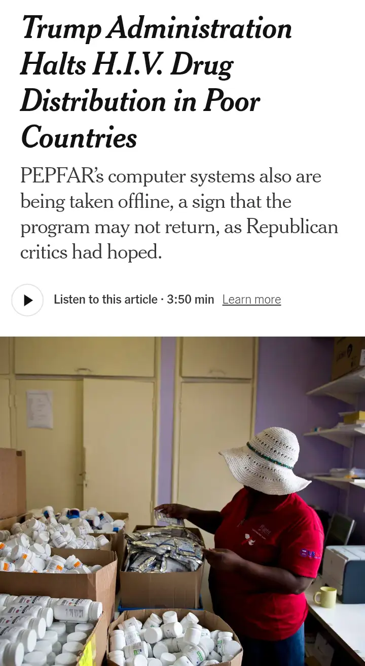 A news article headline reads 'Trump Administration Halts H.I.V. Drug Distribution in Poor Countries' above a photo of a…