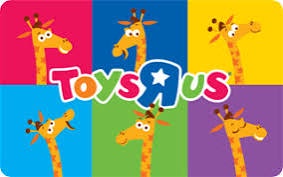 The image displays the Toys R Us logo with six cartoon giraffes arranged around it, each on a different colored background…