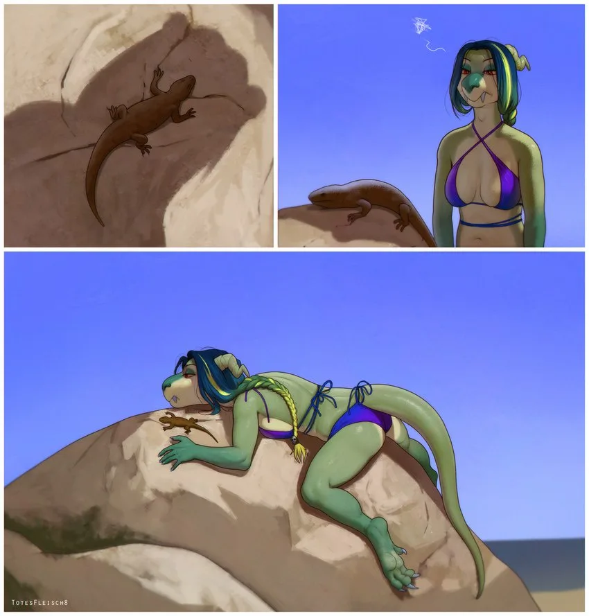 The image is a three-panel comic strip showing a small brown lizard on a rock, then a woman with green skin, blue hair, and…