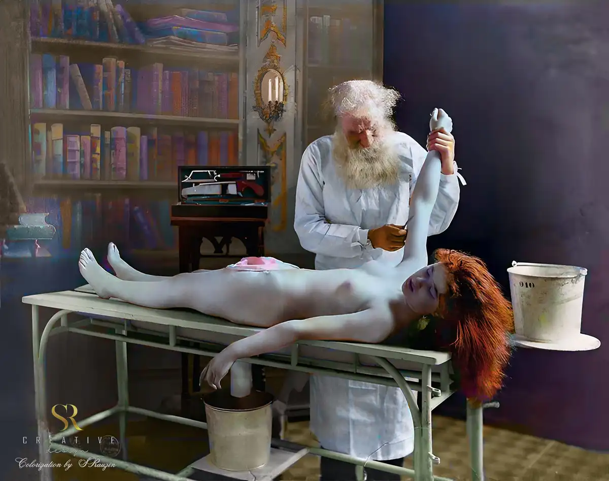 A digitally colored historical image shows a bearded man in a white coat performing a medical procedure on a nude woman…