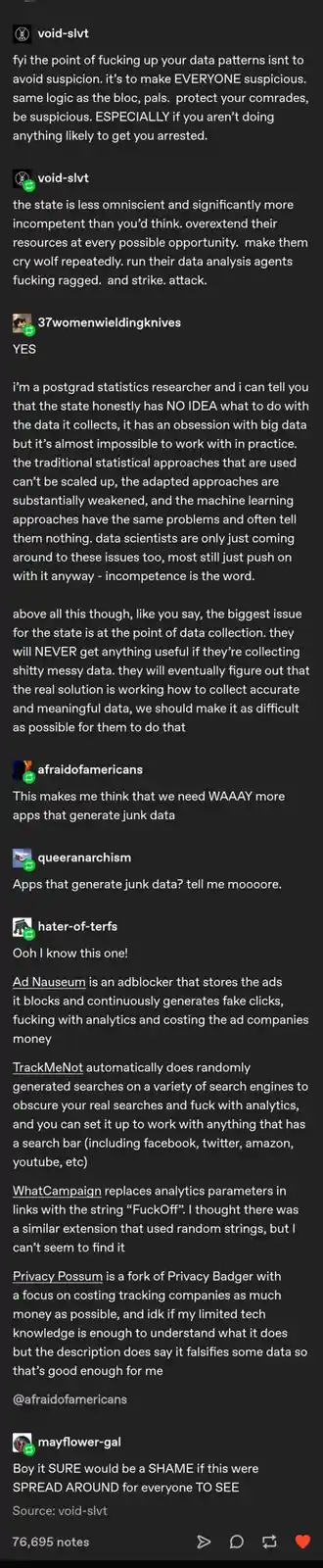 A screenshot of a Tumblr thread where users discuss intentionally corrupting data to evade state surveillance. The top post…