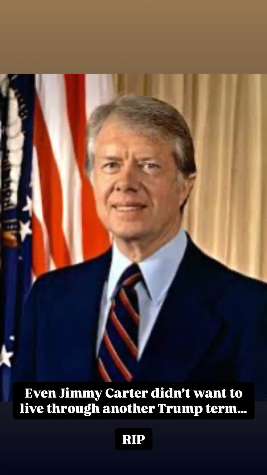 A formal portrait of former U.S. President Jimmy Carter, wearing a dark suit and striped tie, standing in front of an…