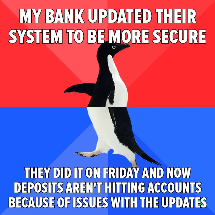 A penguin stands centered against a red and blue background, with white text overlaid in two sections. The top text reads…