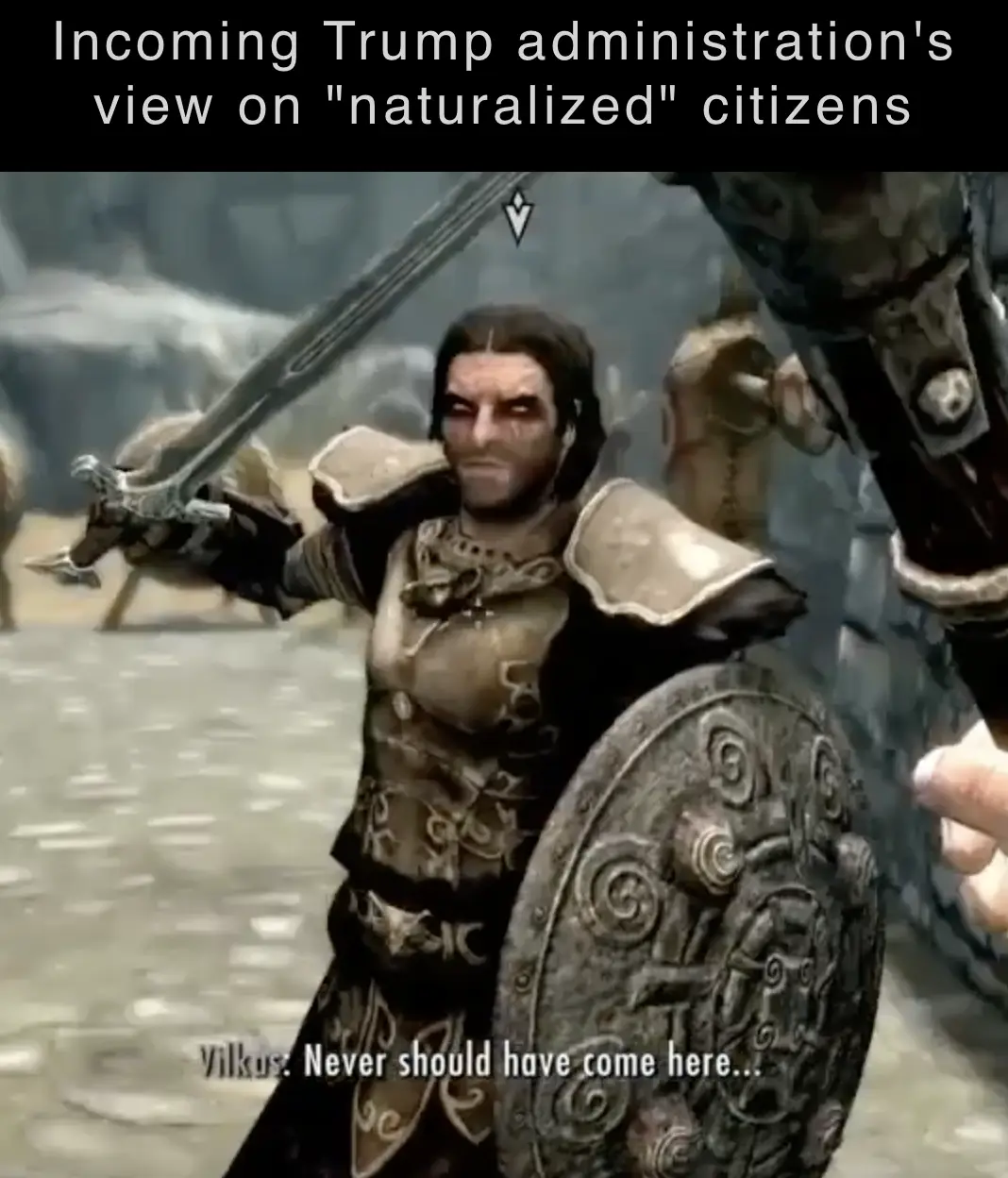 A screenshot from The Elder Scrolls V: Skyrim shows the character Vilkus, a Nord warrior in ornate armor, holding a sword…