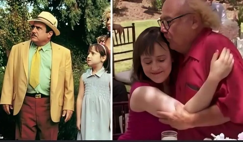The image is split: left side shows a man in a yellow suit and hat standing beside a young girl, both looking upward with…